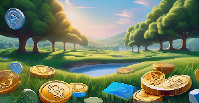 A peaceful scene showing a digital wallet in a green landscape with cryptocurrency coins floating around, symbolizing staking rewards.