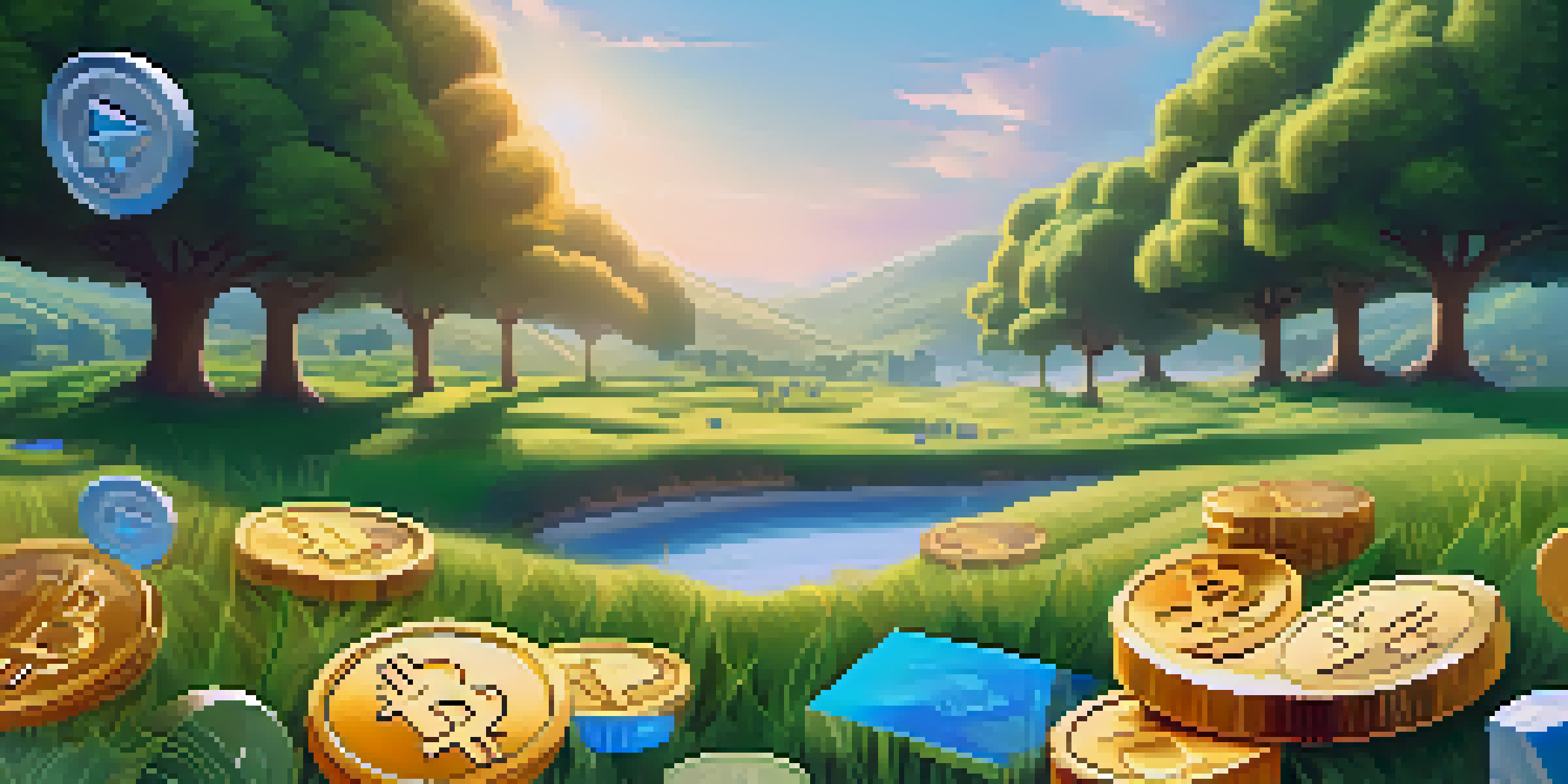 A peaceful scene showing a digital wallet in a green landscape with cryptocurrency coins floating around, symbolizing staking rewards.