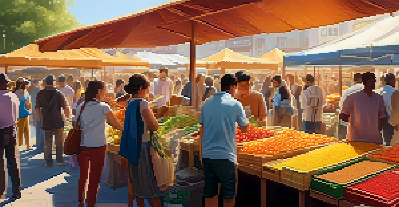 Small business owners at a vibrant outdoor market using smartphones for cryptocurrency transactions.