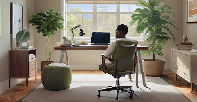 A patient in a comfortable home office participating in a clinical trial, with a laptop on the desk and plants in the background.