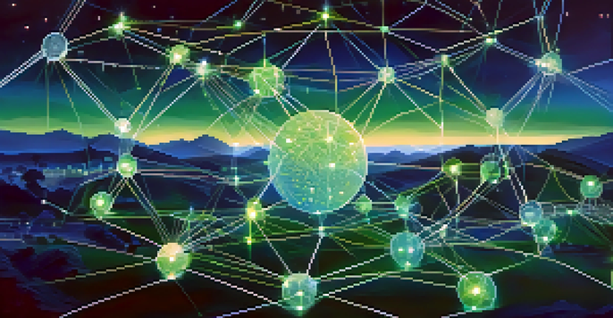 An artistic representation of a decentralized blockchain network with glowing nodes and interconnected lines on a dark digital landscape.