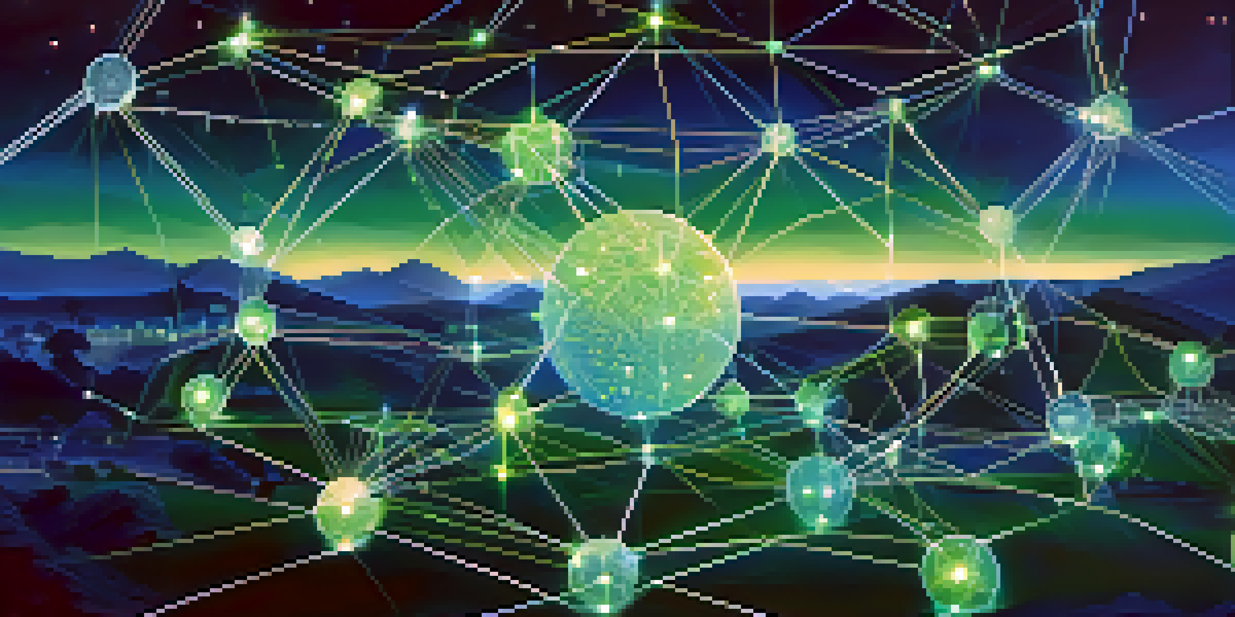 An artistic representation of a decentralized blockchain network with glowing nodes and interconnected lines on a dark digital landscape.