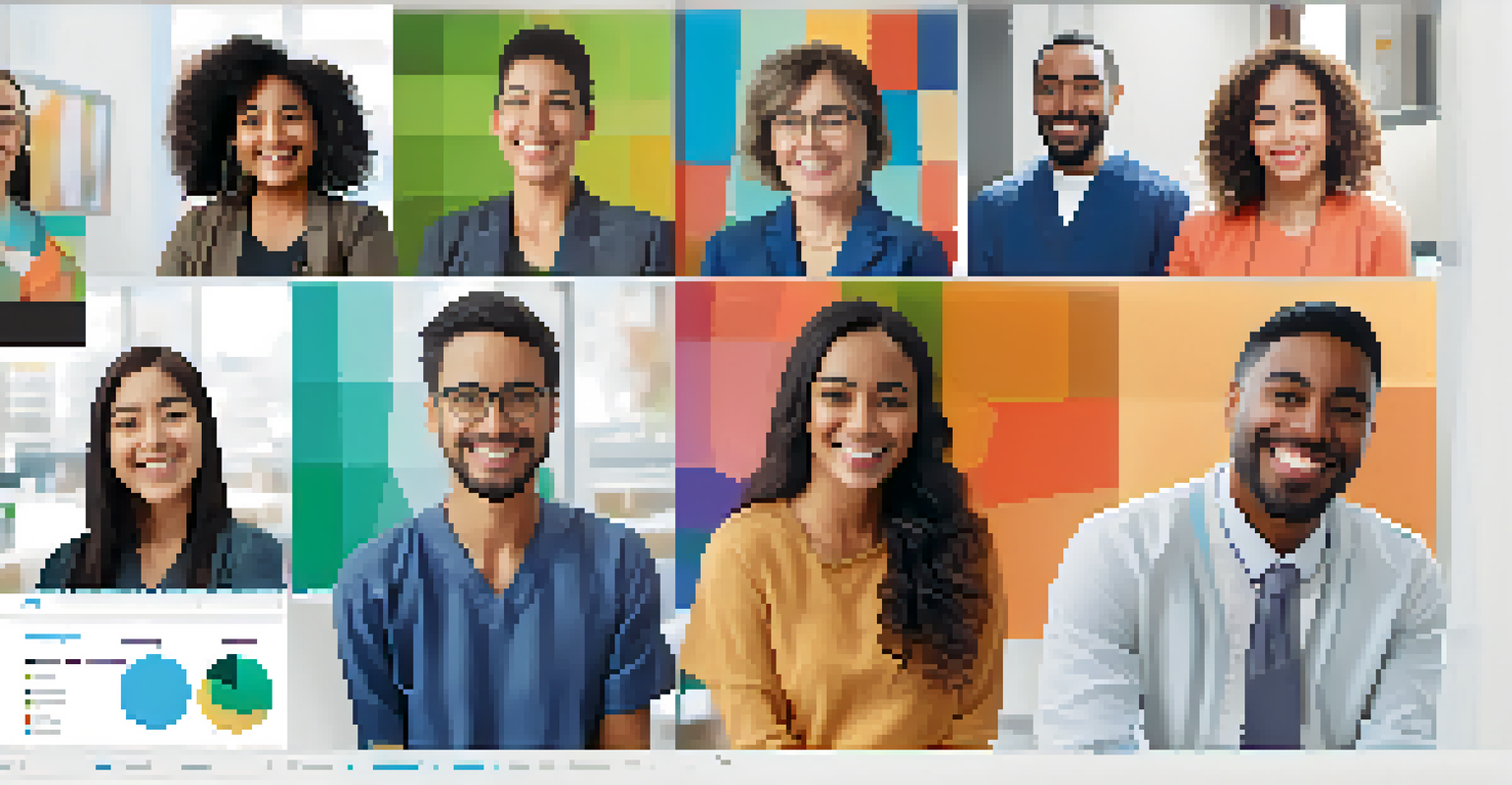 A diverse group of patients participating in a virtual clinical trial meeting via video call, discussing data and sharing insights.