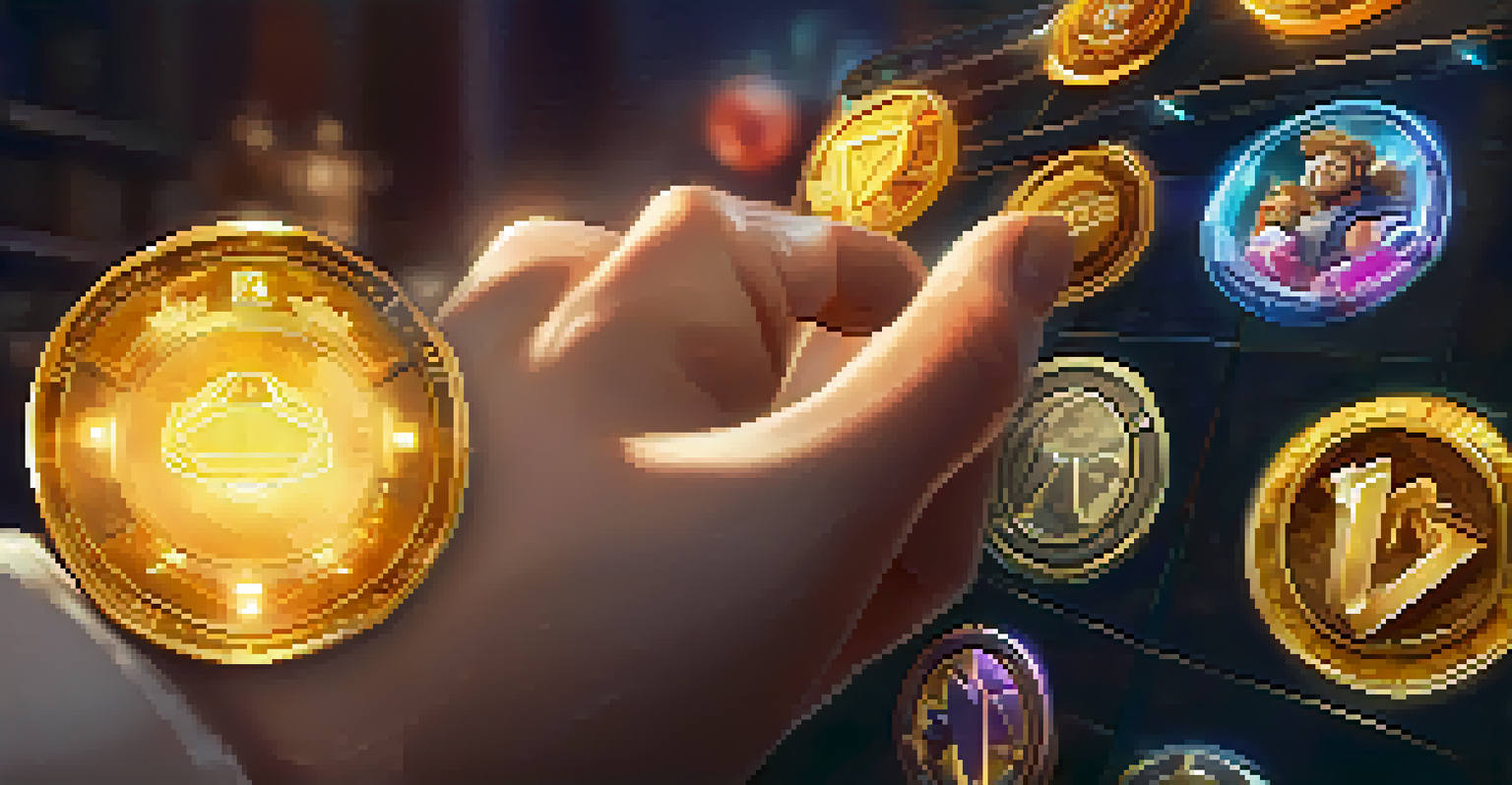 A hand holding a glowing gaming token with a blurred online game interface in the background.