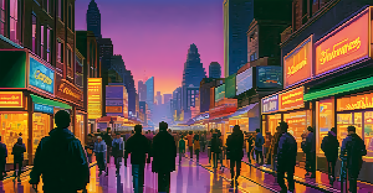 A vibrant city street at dusk with neon lights and people walking, under a colorful sky.