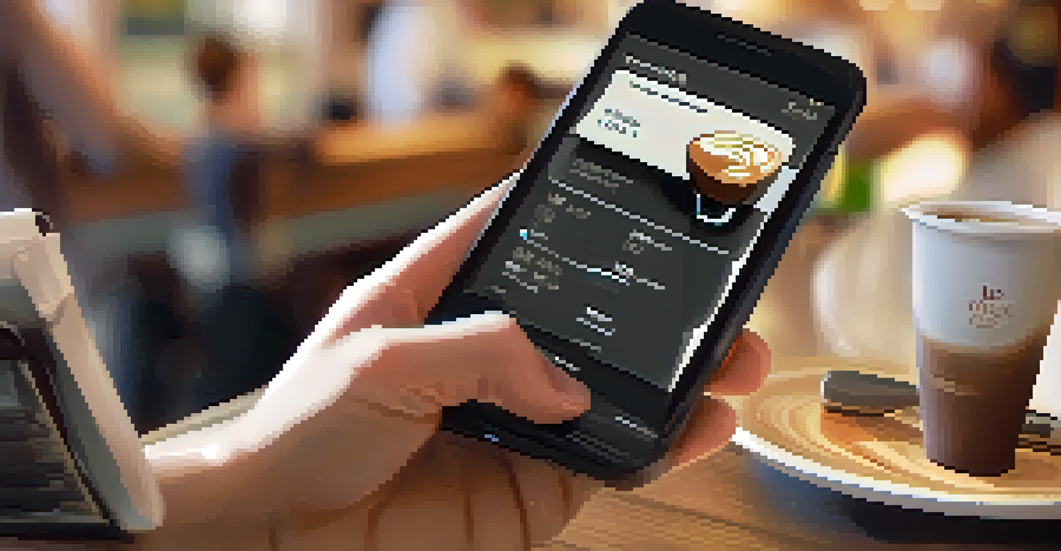 A close-up of a person making a mobile payment for coffee using a smartphone, with a barista in the background.