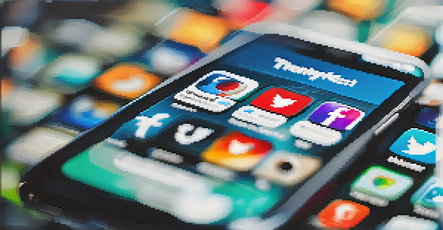A smartphone with a trending social media feed showing stock-related tweets, illuminated by soft light.