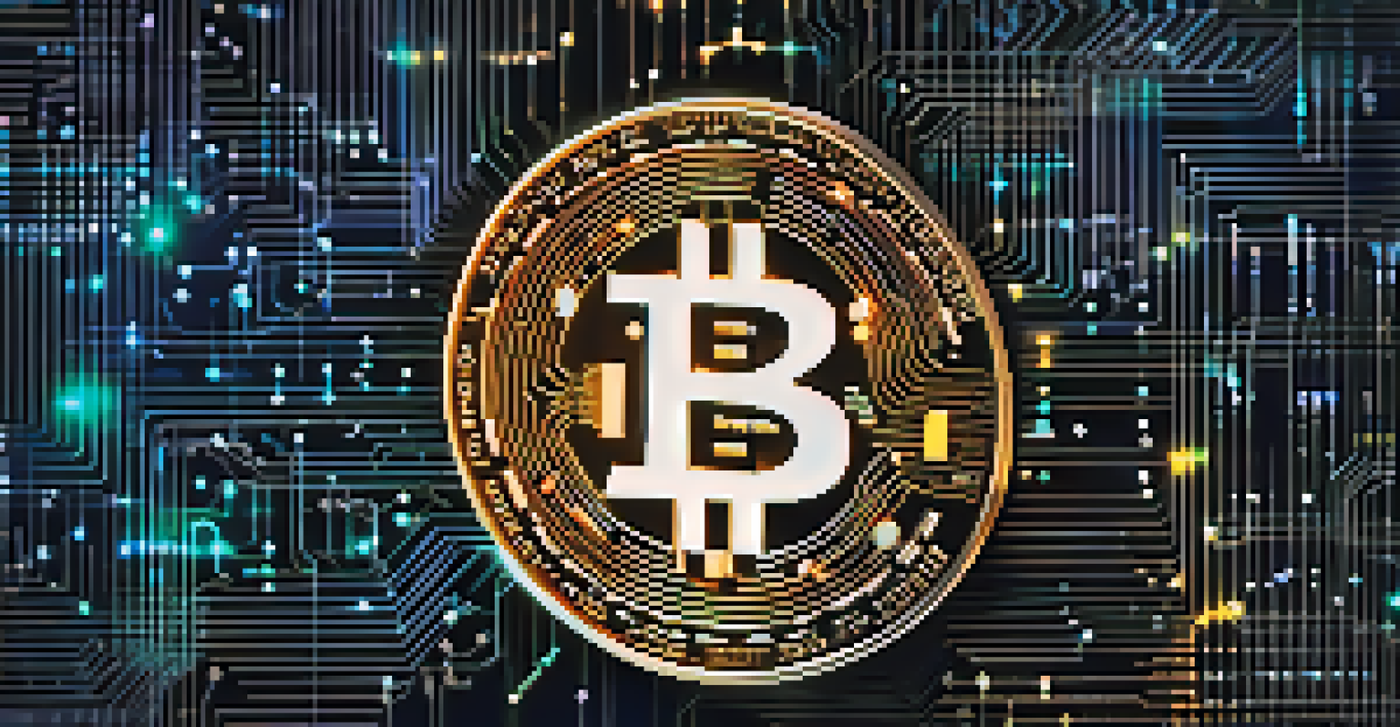 A close-up view of a digital currency symbol surrounded by blockchain technology and data connections.