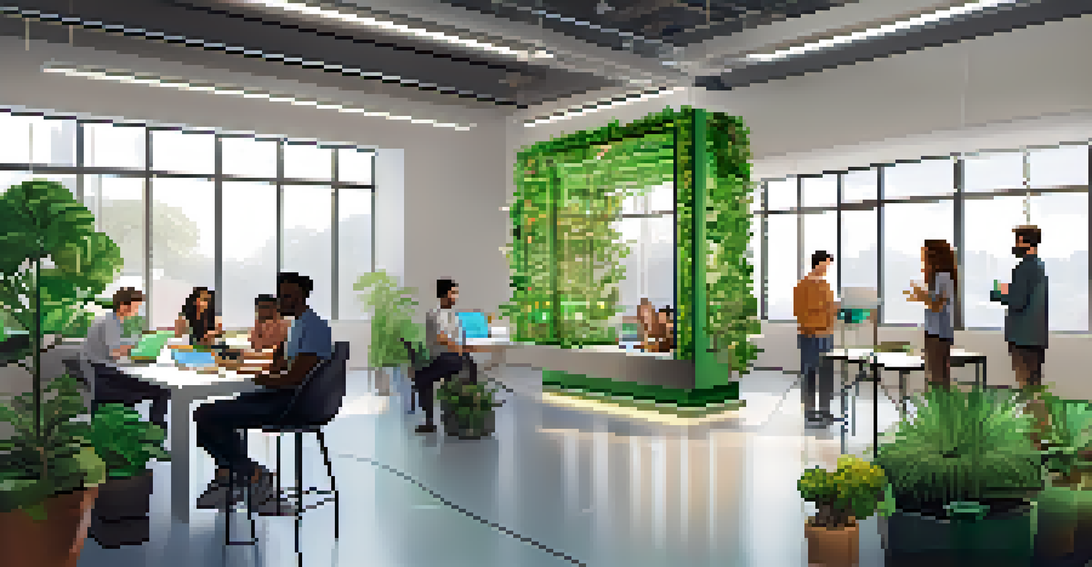 A diverse group of people in a modern office space using devices to interact with blockchain technology, with holographic displays of data.
