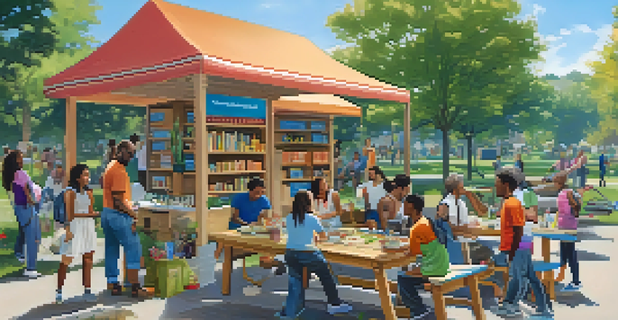 A diverse group of people happily sharing tools in a vibrant park, surrounded by greenery and flowers, depicting community interaction.