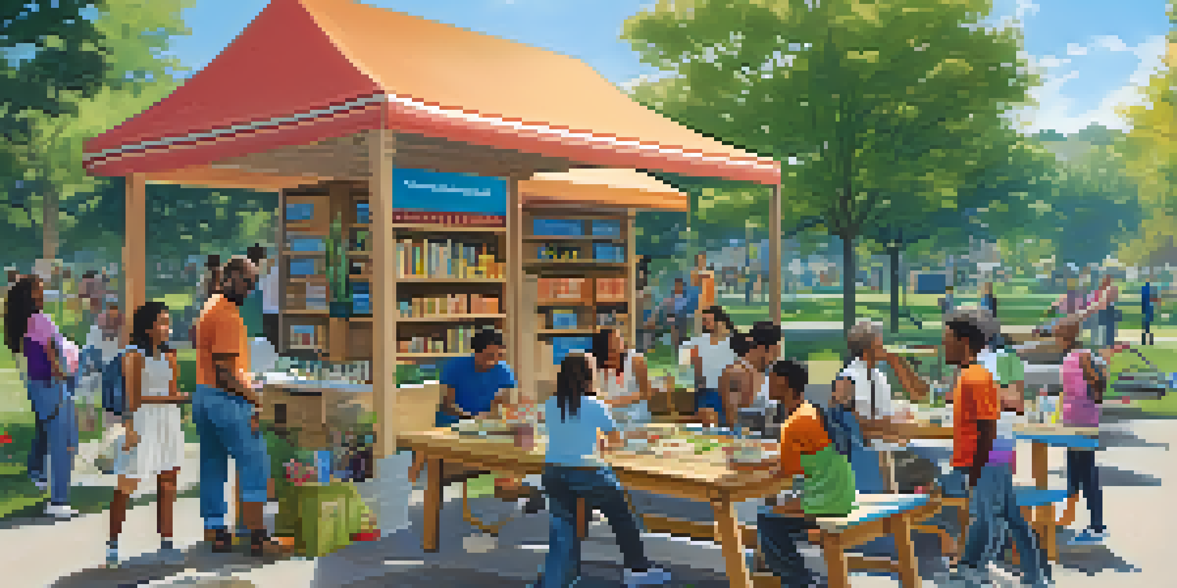 A diverse group of people happily sharing tools in a vibrant park, surrounded by greenery and flowers, depicting community interaction.