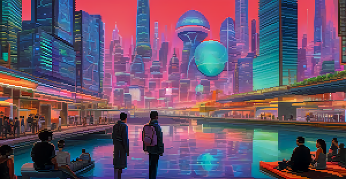 A vibrant city skyline at dusk with neon lights and a diverse group of people interacting with holographic interfaces.