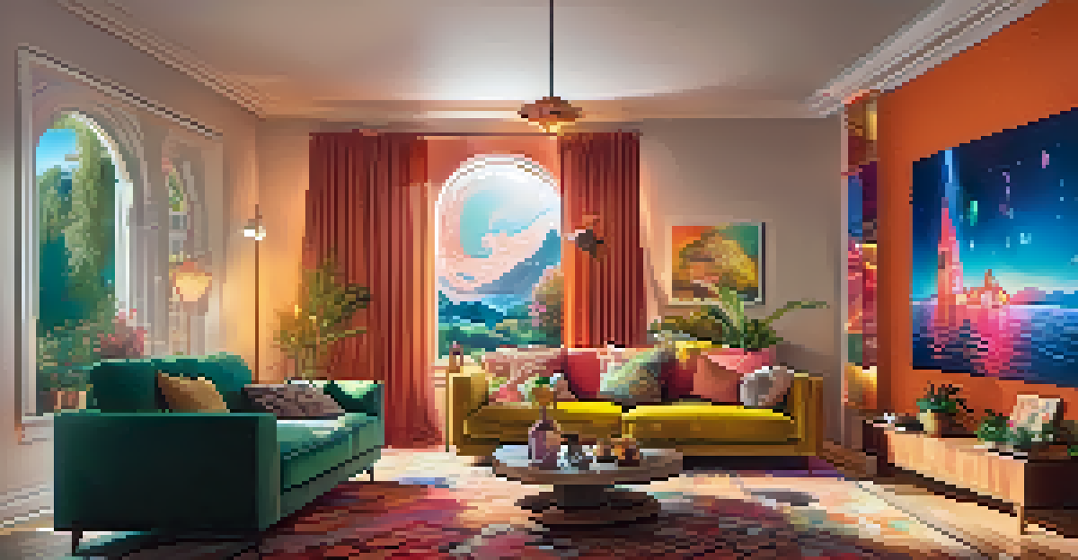 A person using a smartphone to display a colorful digital artwork on a living room wall, surrounded by cozy furniture.