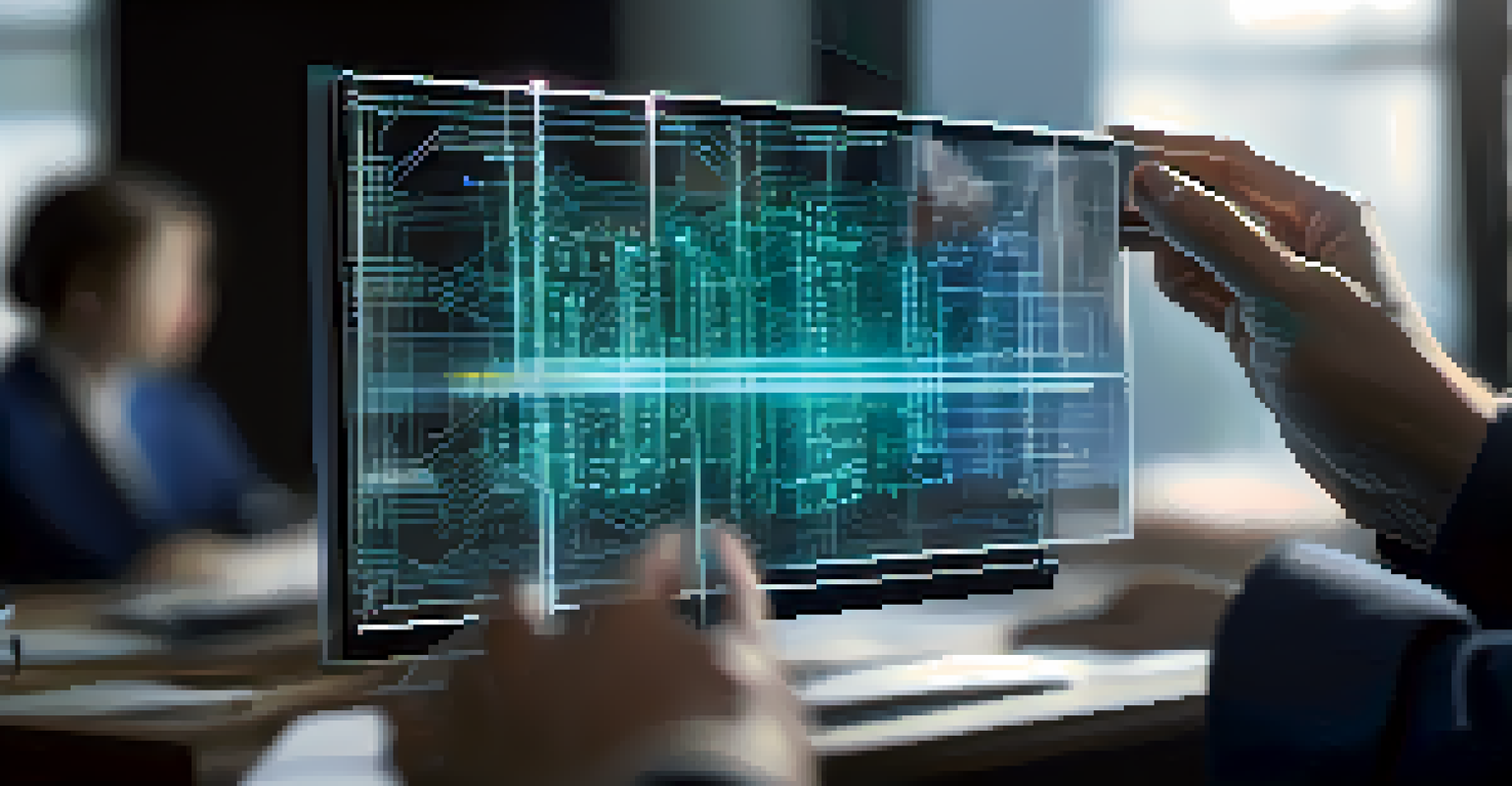 A close-up view of hands examining a blockchain ledger and digital smart contracts on a screen in a tech workspace.