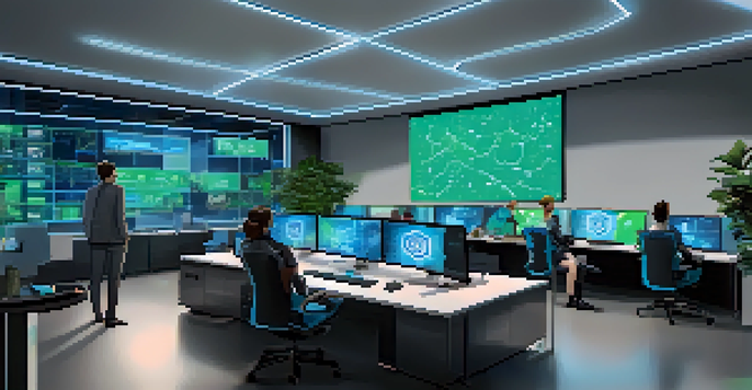 A modern office with a diverse group of people working together remotely, surrounded by screens showing cryptocurrency data.