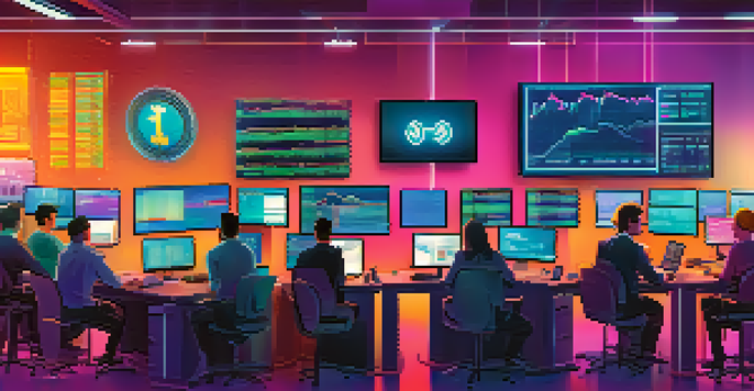 A busy cryptocurrency exchange office with diverse individuals trading on computer screens, colorful charts and graphs in the background, bright lighting.