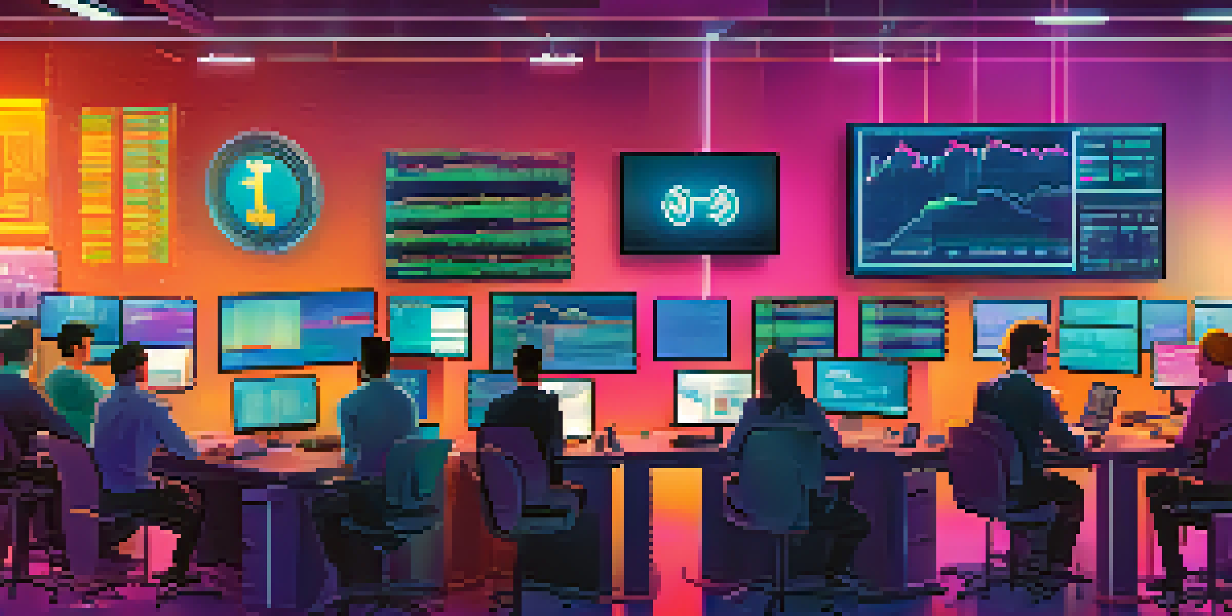 A busy cryptocurrency exchange office with diverse individuals trading on computer screens, colorful charts and graphs in the background, bright lighting.