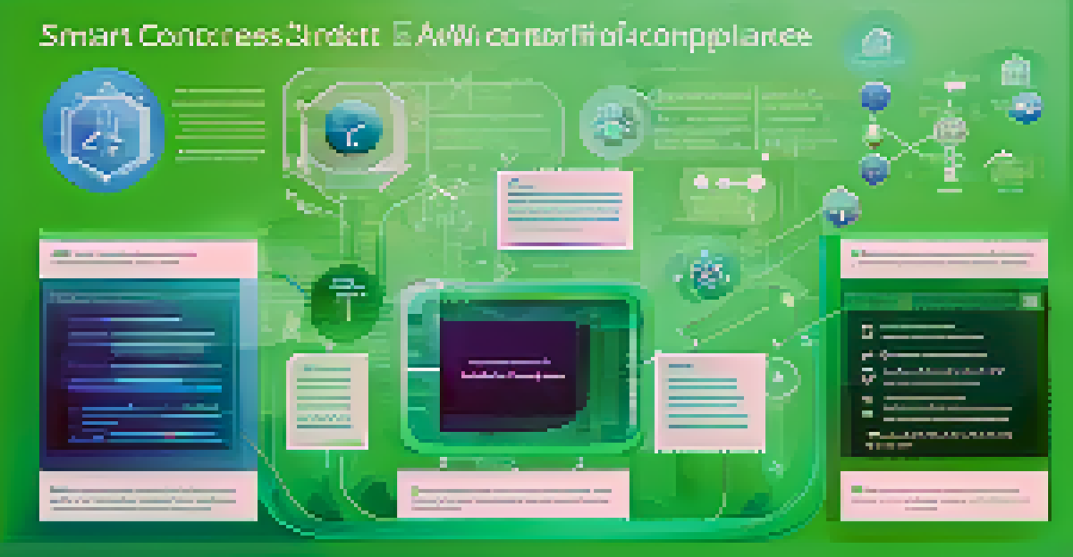 An infographic displaying the benefits of smart contracts, including automation, transparency, and compliance, set against a blue and green gradient background.