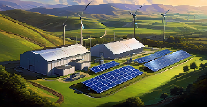 A large cryptocurrency mining facility surrounded by nature, featuring solar panels and wind turbines under warm sunlight.