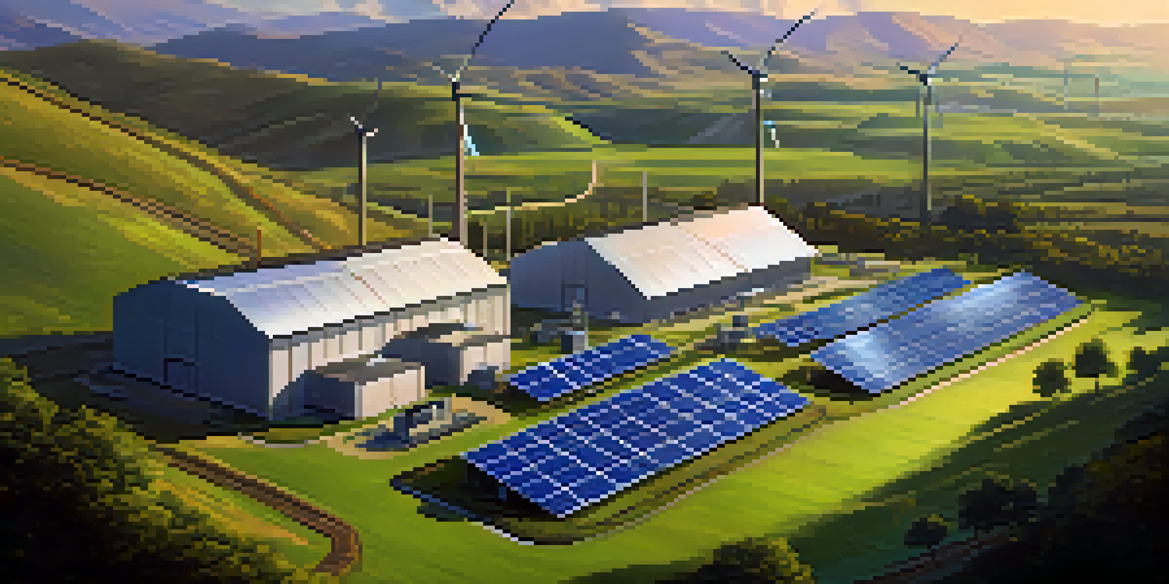 A large cryptocurrency mining facility surrounded by nature, featuring solar panels and wind turbines under warm sunlight.