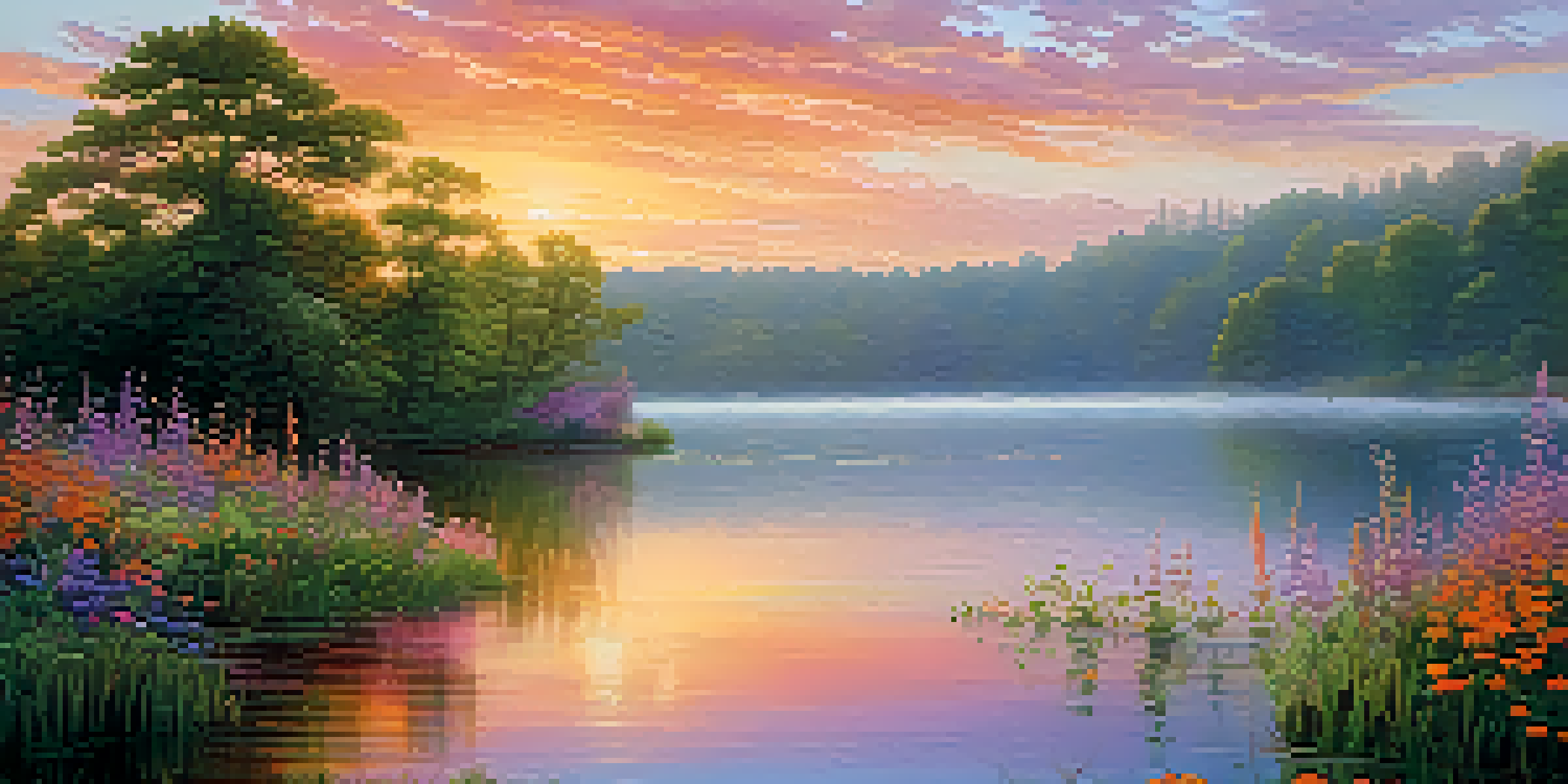 A vibrant sunrise over a calm lake with mist, framed by green trees and blooming wildflowers.