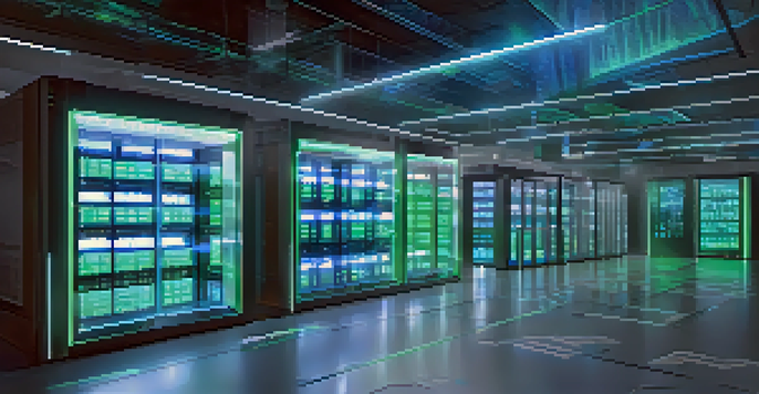 A high-tech cryptocurrency vault with digital screens and secure storage units, illuminated in cool blue and green lights.