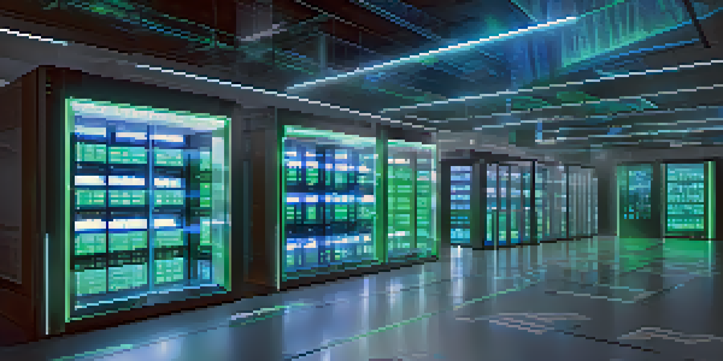 A high-tech cryptocurrency vault with digital screens and secure storage units, illuminated in cool blue and green lights.