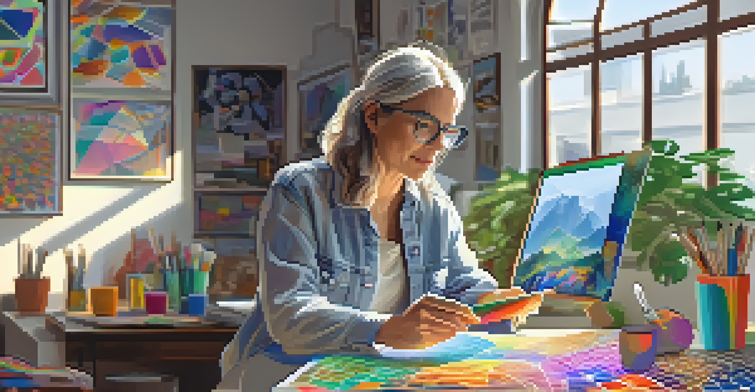 An artist in a bright studio creating generative art on a tablet, surrounded by sketches and art supplies, with sunlight streaming through the window.
