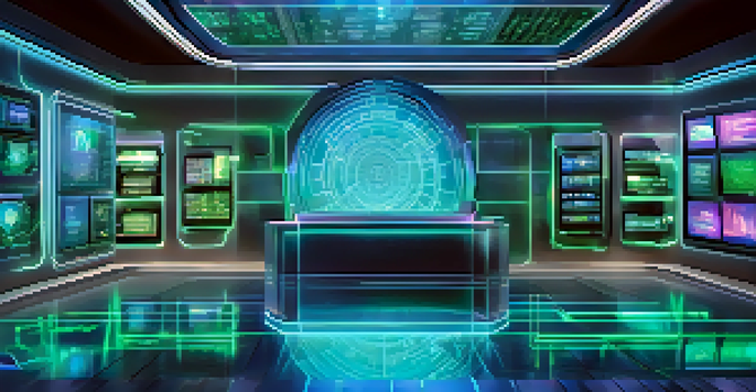 A high-tech digital vault with advanced security features, illuminated by blue and green lights, displaying holographic cryptocurrencies.