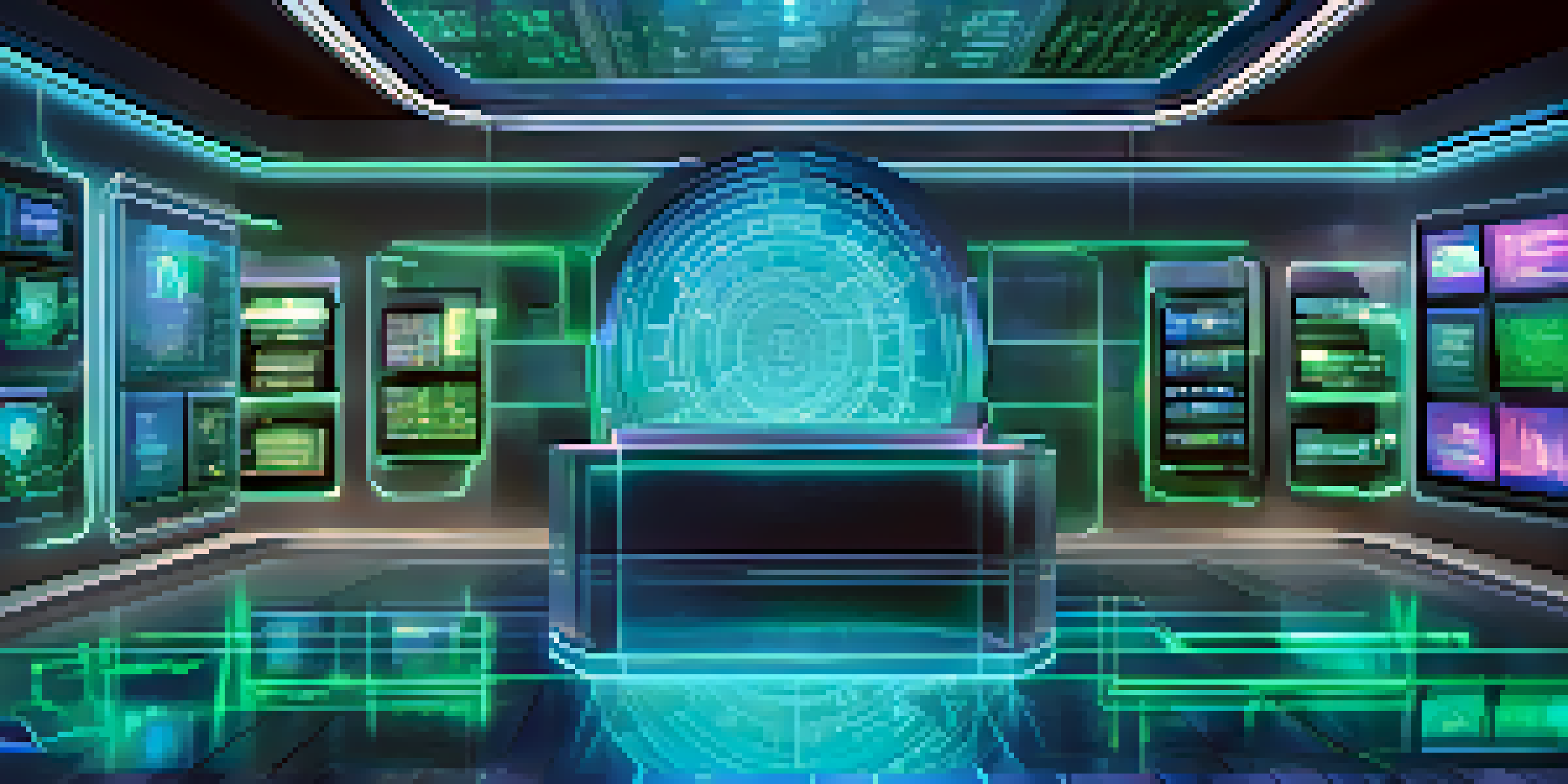 A high-tech digital vault with advanced security features, illuminated by blue and green lights, displaying holographic cryptocurrencies.