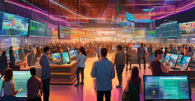 A lively digital marketplace filled with diverse traders engaging in cryptocurrency trading, surrounded by price charts and floating cryptocurrencies.