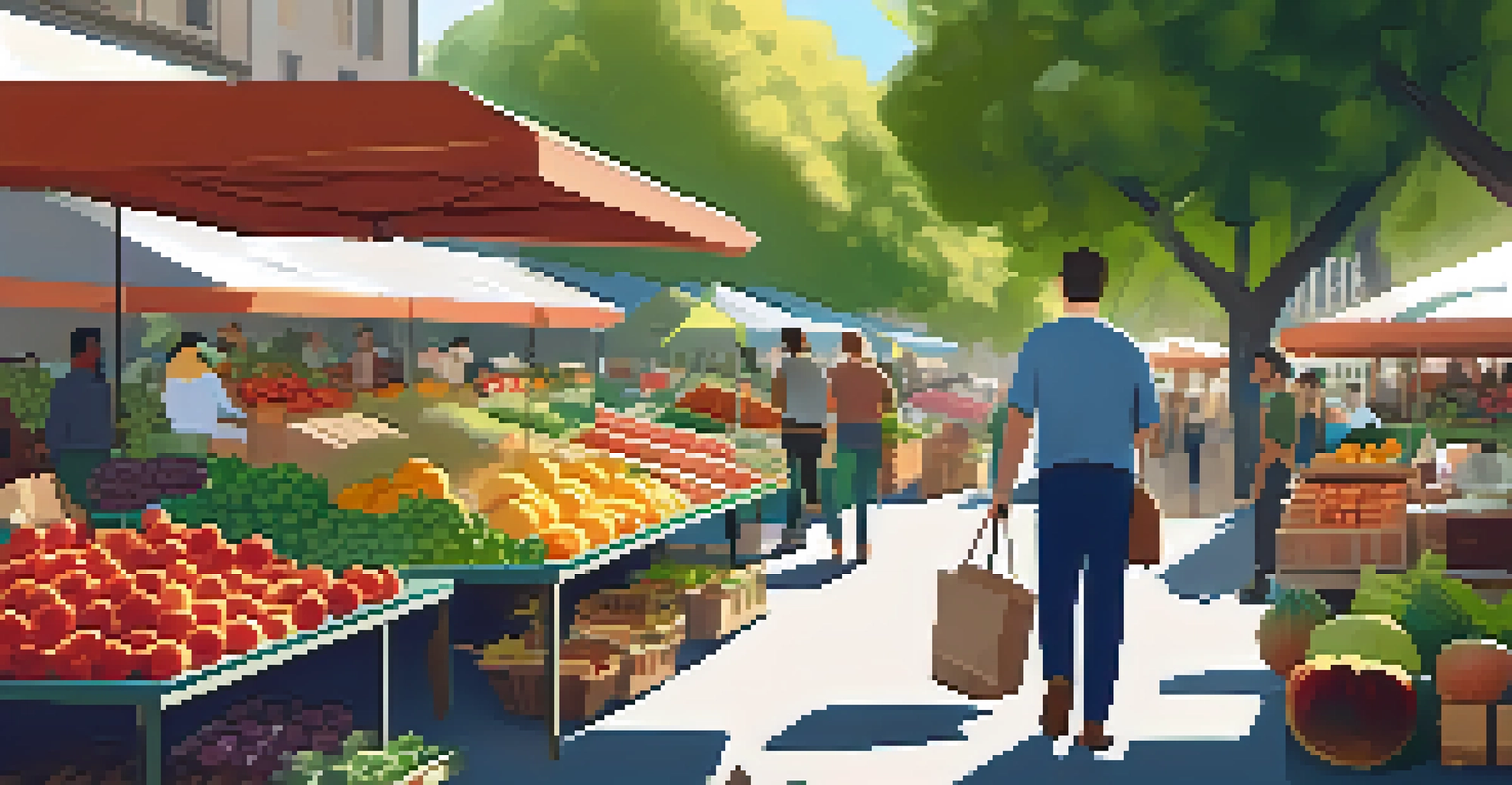 A farmer's market with produce items tagged with smart contract information, and customers scanning tags with smartphones.