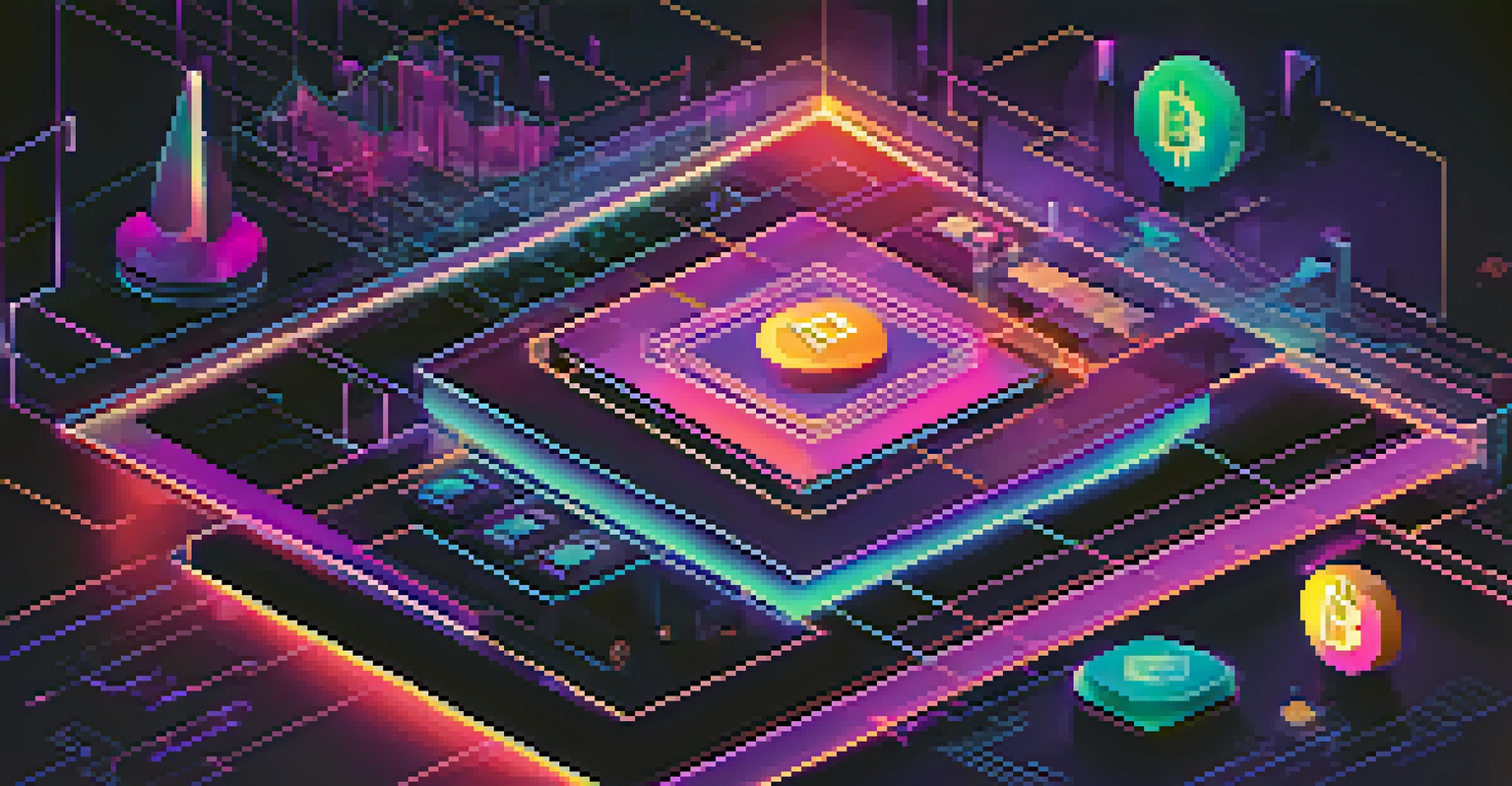 A digital interface representing decentralized finance, featuring cryptocurrency icons and graphs against a vibrant blue and purple background.