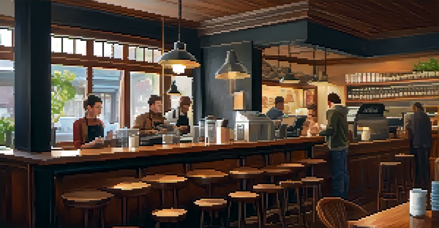 Interior of a cozy coffee shop with people enjoying their time and a barista at work.