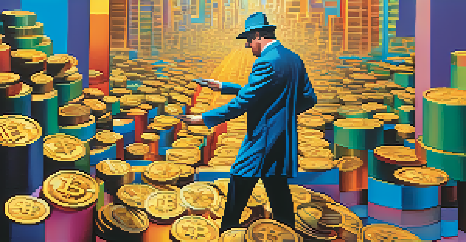 An abstract depiction of market manipulation with a trader's shadow over fluctuating cryptocurrency coins.