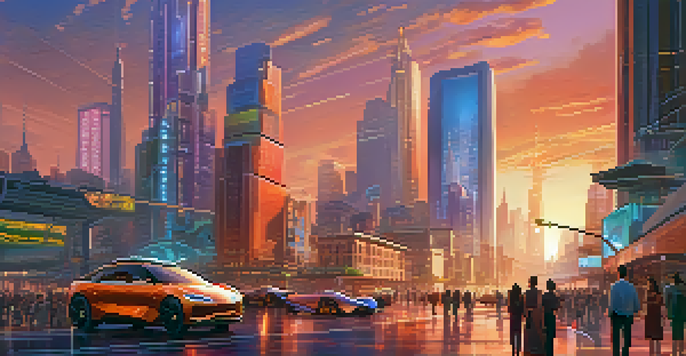 A futuristic city skyline at sunset with glass skyscrapers and a bustling street filled with people and vehicles, illuminated by neon lights.