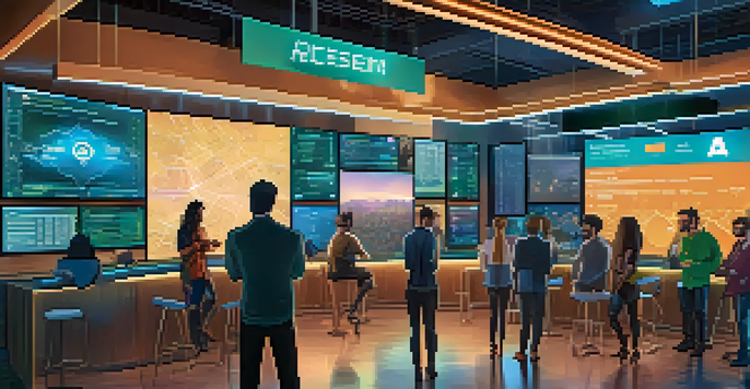 A group of cryptocurrency influencers engaged in discussion, surrounded by screens with market data in a tech-inspired environment.