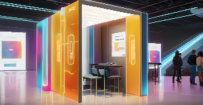 A modern voting booth that integrates blockchain technology, showcasing a digital interface and holographic features in a bright polling station with diverse voters.