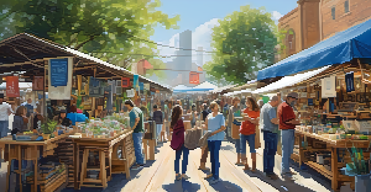 A vibrant outdoor marketplace showcasing recycled products, with stalls made from reclaimed wood and shoppers engaging with vendors.
