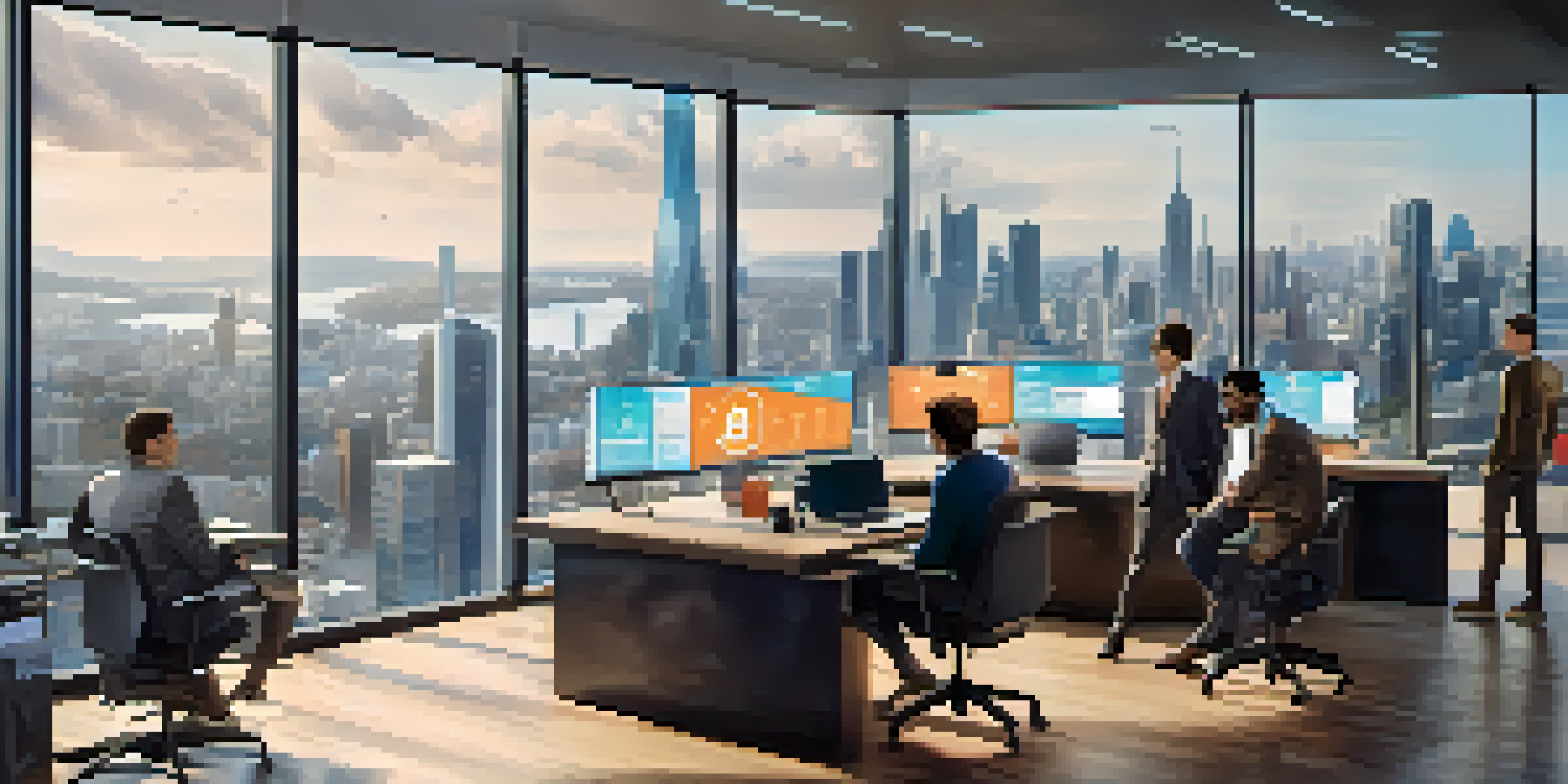 A diverse team of professionals in a modern office discussing cryptocurrency trends with digital graphs on a screen.