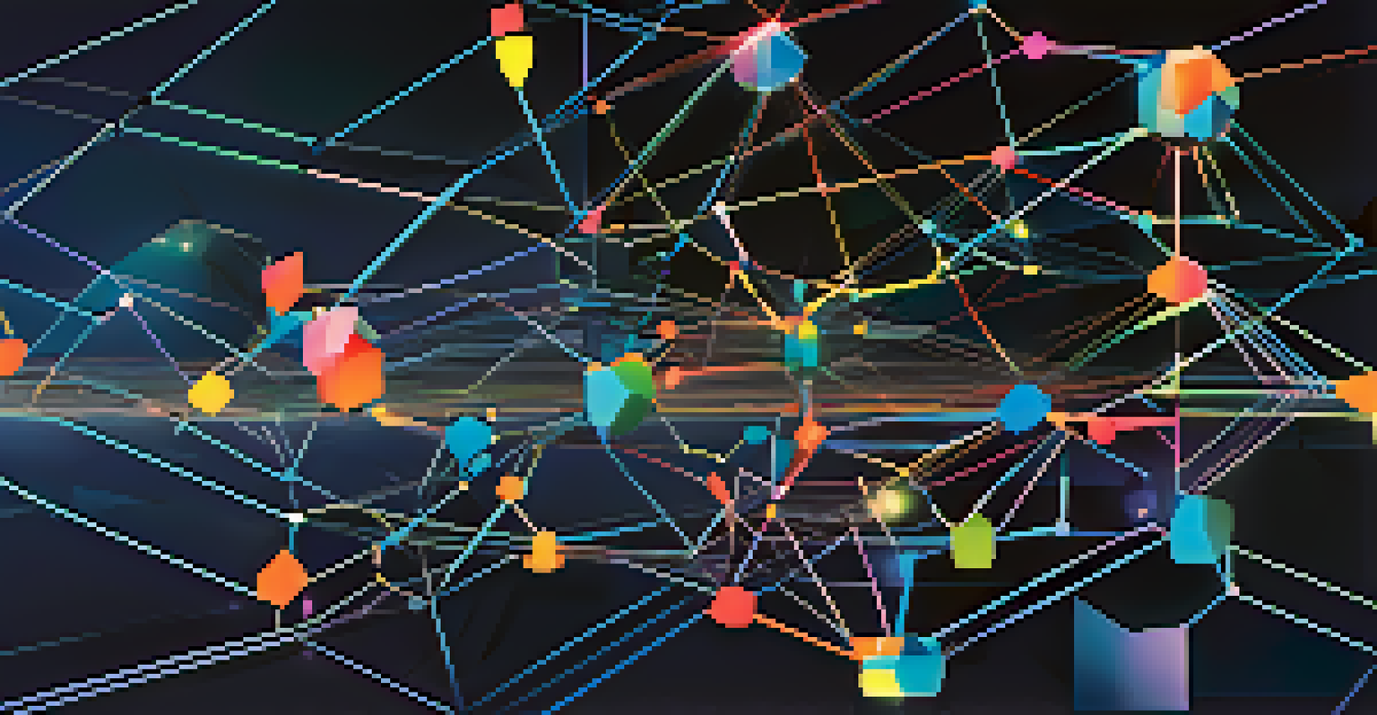 An abstract visual representation of blockchain interoperability with colorful geometric shapes and glowing connections.