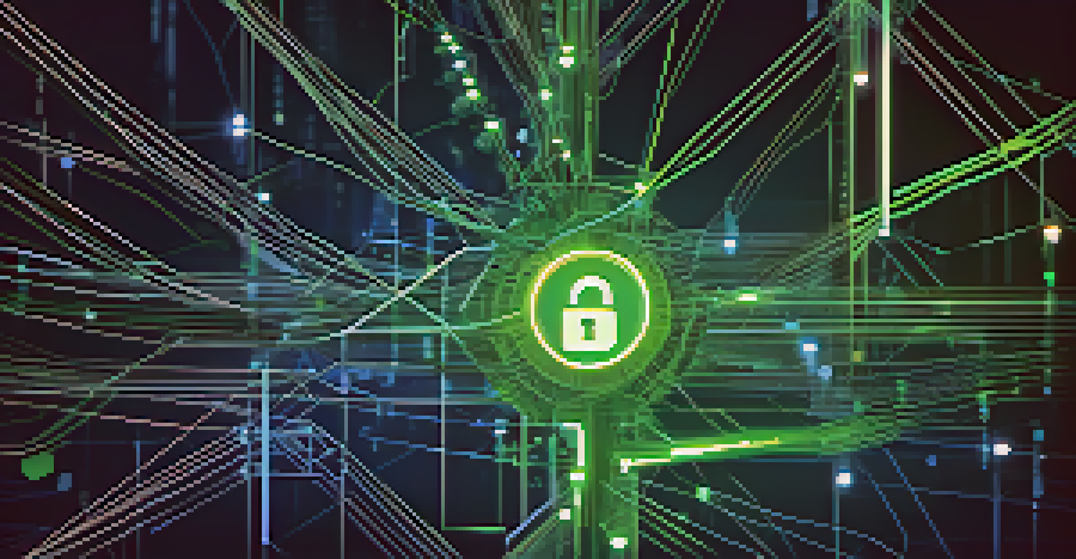 An abstract digital artwork depicting cybersecurity with a lock symbol and interconnected nodes.