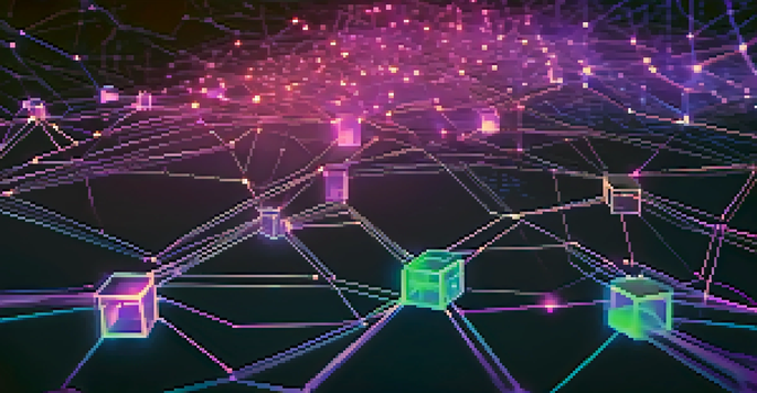 An abstract representation of a blockchain network with glowing nodes and connections on a deep blue and purple gradient background.