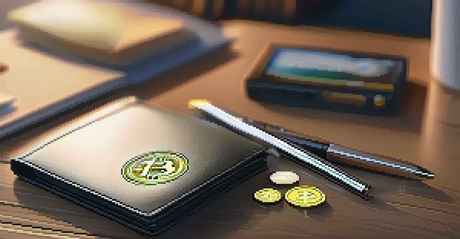 A close-up of a shiny hardware cryptocurrency wallet on a wooden table, with a notepad and pen nearby in a cozy home office setting.