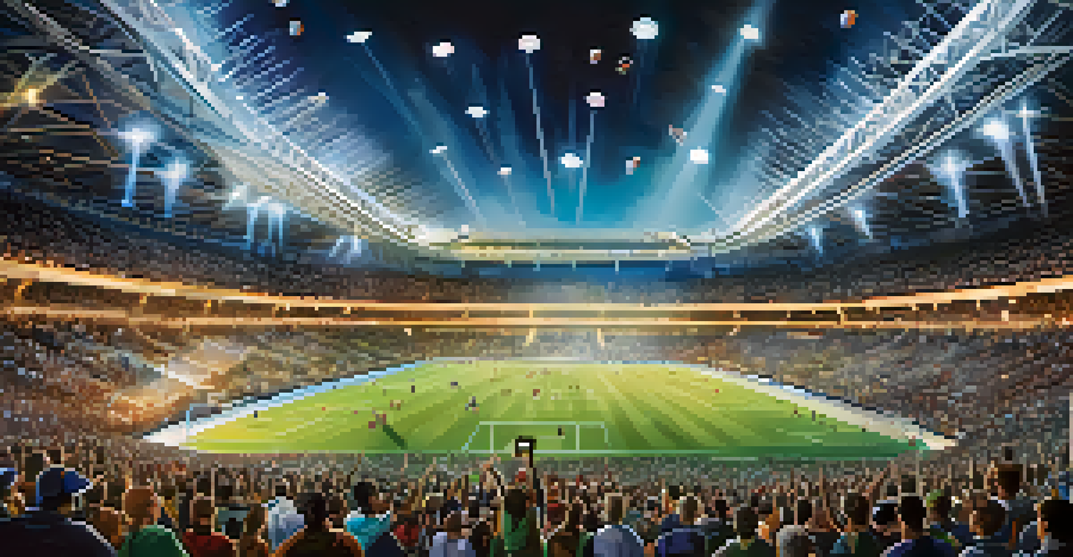 A vibrant sports stadium with fans cheering and digital tokens representing team shares floating above them.
