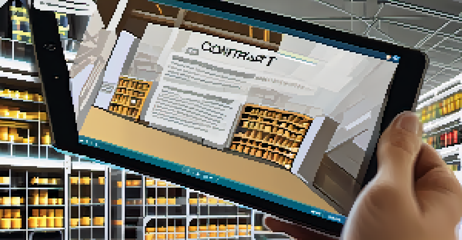A close-up of a digital tablet showing a smart contract interface with terms visible, set against a blurred background of a warehouse.