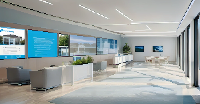 An image of a modern real estate office with a sleek reception, large windows, and digital screens showing property listings.