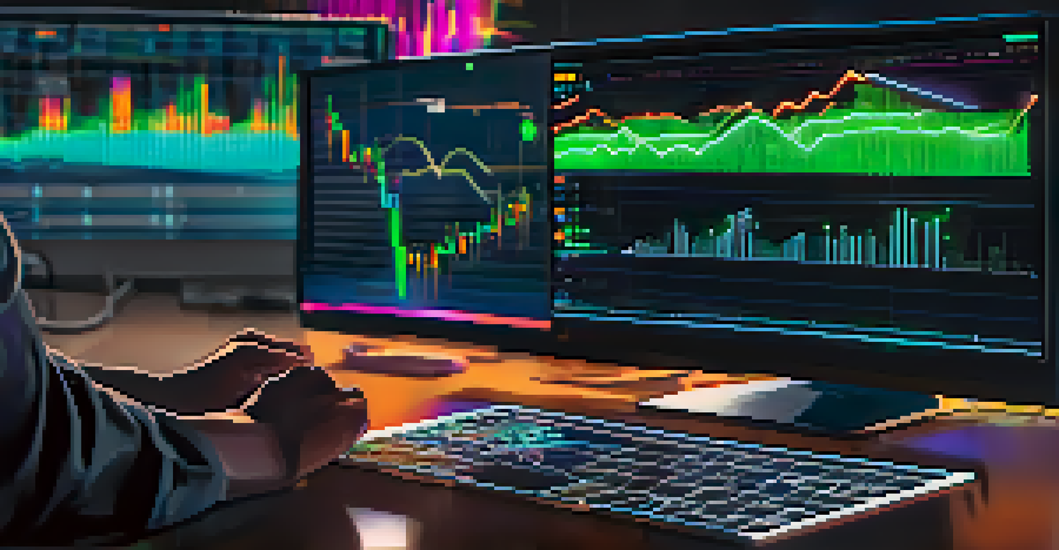 A close-up of a computer screen showing cryptocurrency charts, with hands holding a glowing digital coin in the background.