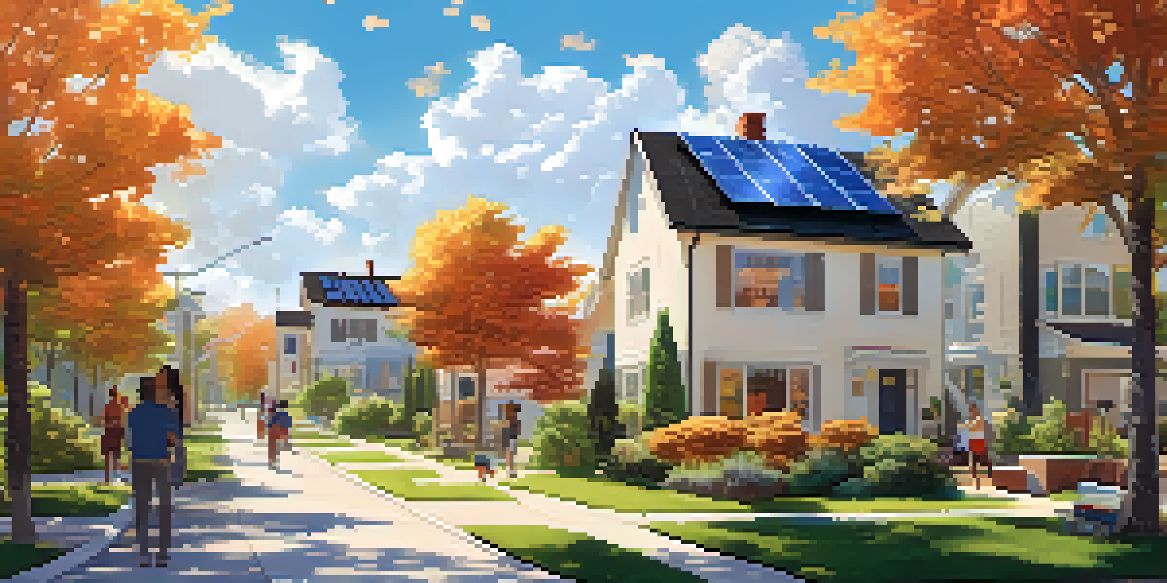 A sunny neighborhood with houses featuring solar panels, families engaging in outdoor activities, and digital blockchain graphics overlay.