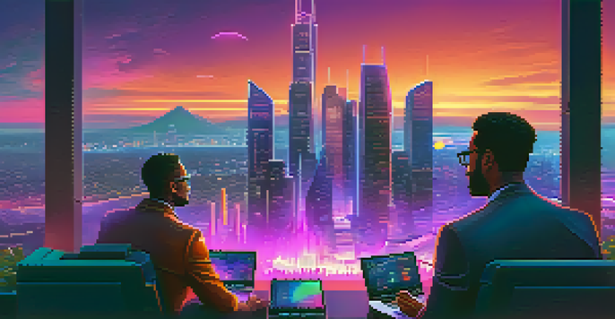A futuristic city skyline at dusk with illuminated skyscrapers and diverse investors discussing cryptocurrency using holographic displays.